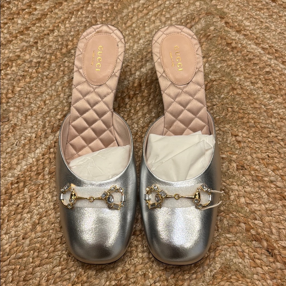 Gucci Silver Metallic Mules with Square Toe NEVER WORN
